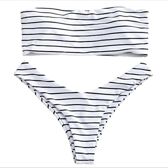 Zaful white/ Black Striped Bandeau High cut Cheeky Bikini   Size M - Picture 9 of 14